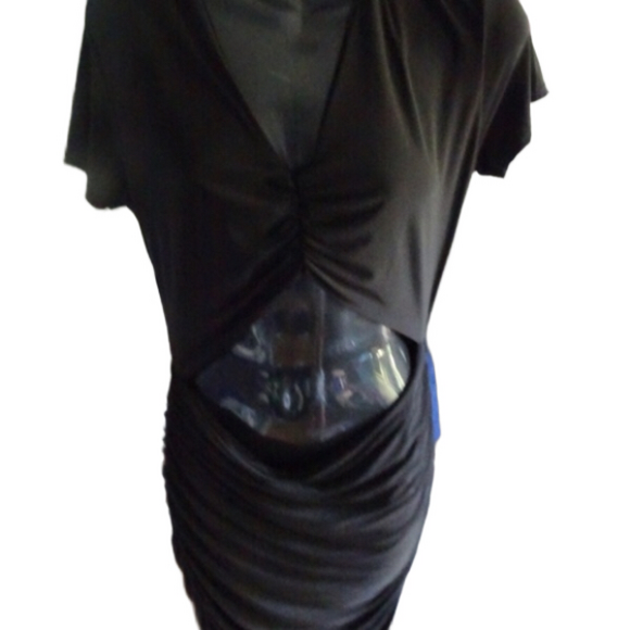 NWT PRETTY LITTLE THING BLACK RUCHED FRONT CUT OUT BODY CON DRESS - Picture 2 of 3